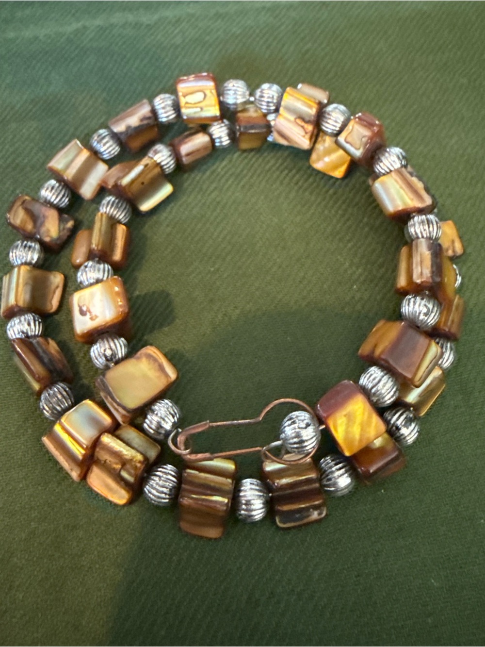 Vintage Tiger Eye Bead Necklace Brown Gemstone Silver Tone Accent Beads